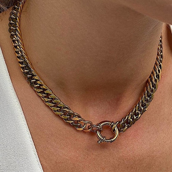 Statement Curb Gold Plated Cuban Chain Toggle O Ring Chunky Choker Necklace - Picture 2 of 9